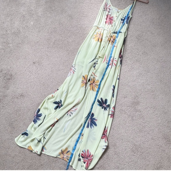 O'Neill Dress Beach Dress Textured Crepe Yellow Floral Straps Drawstring Waist - Picture 12 of 13